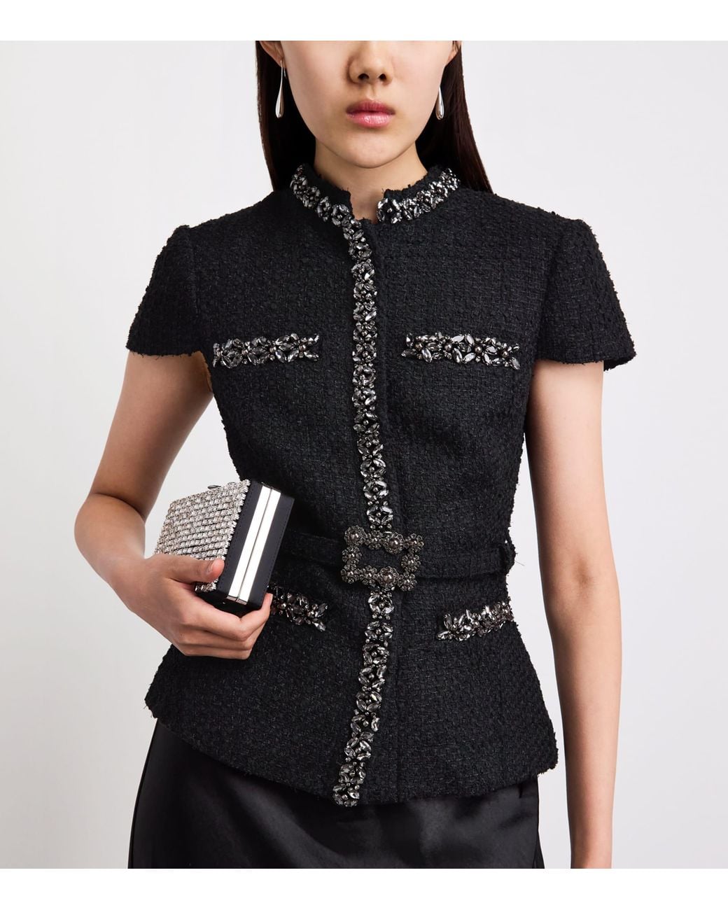 Self-Portrait Black Satin Bouclé Crystal-Embellished Midi Dress