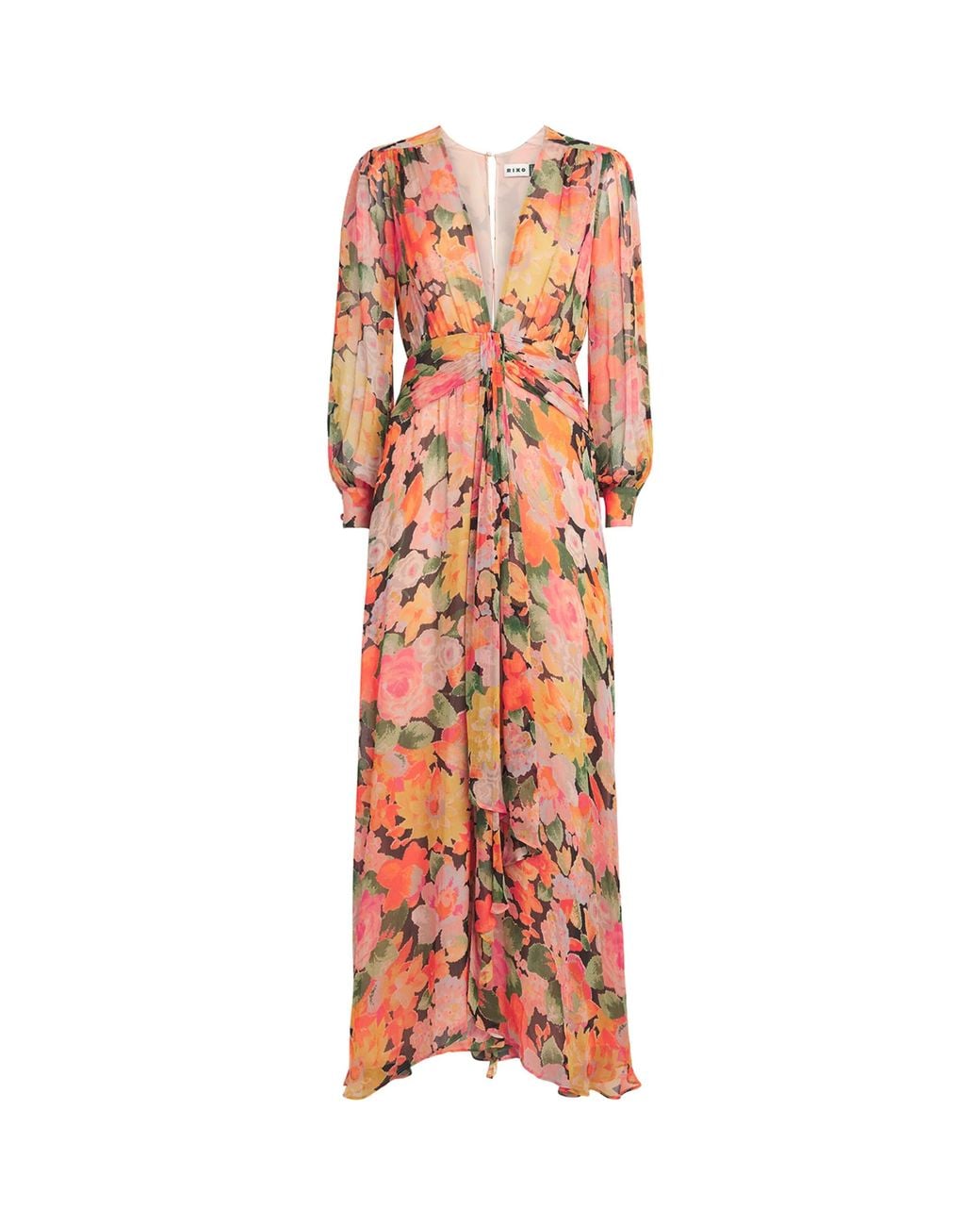 Rixo Orange Chiffon Floral Meera Maxi Dress