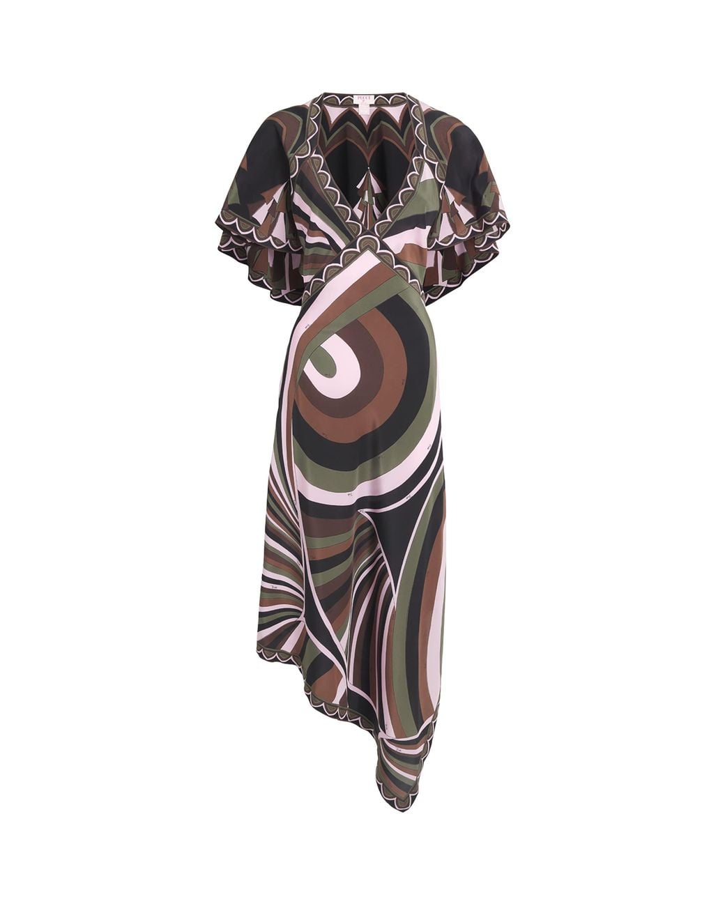 Emilio Pucci Green Silk Printed V-Neck Midi Dress