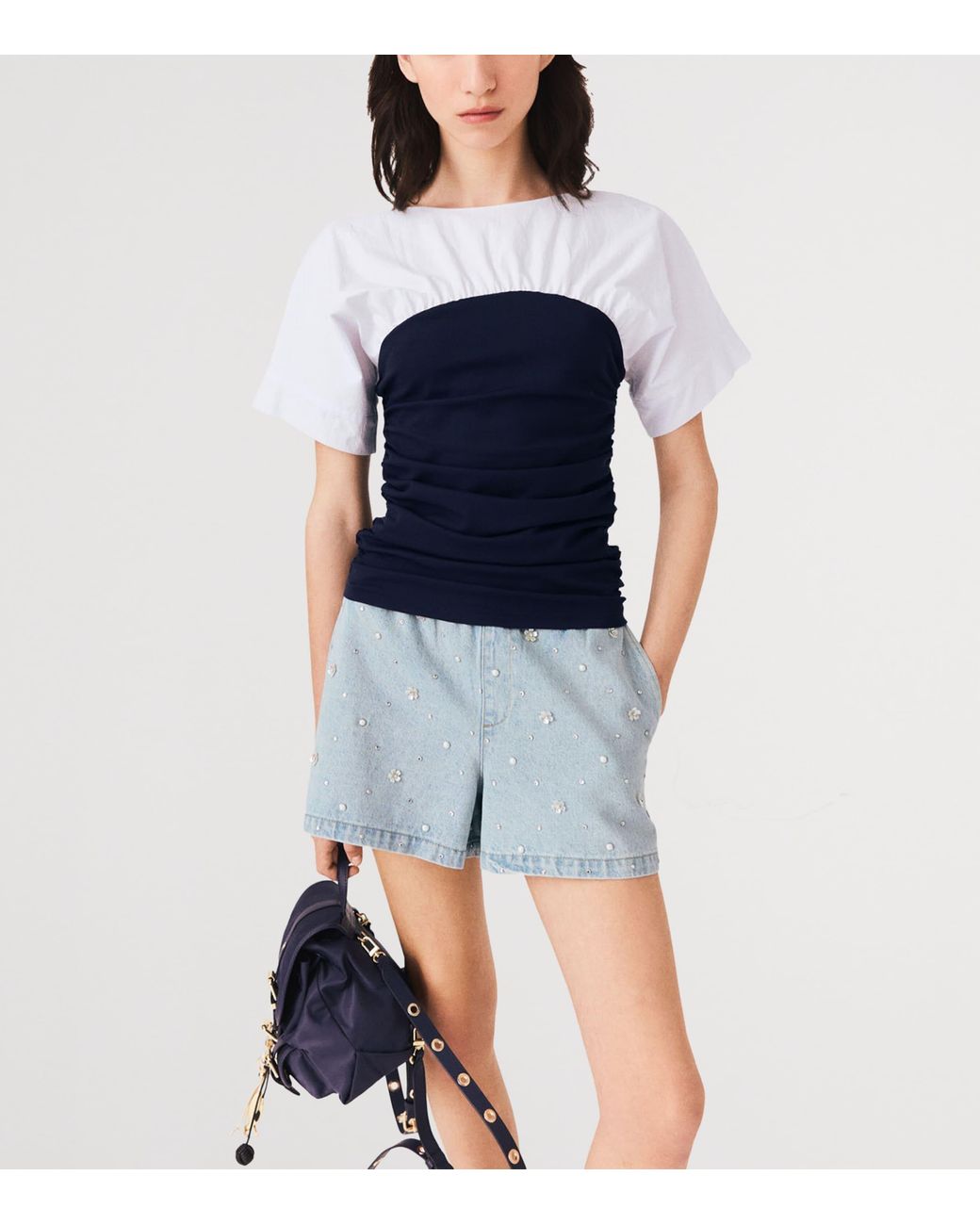 Maje Blue Cotton Gathered T-Shirt