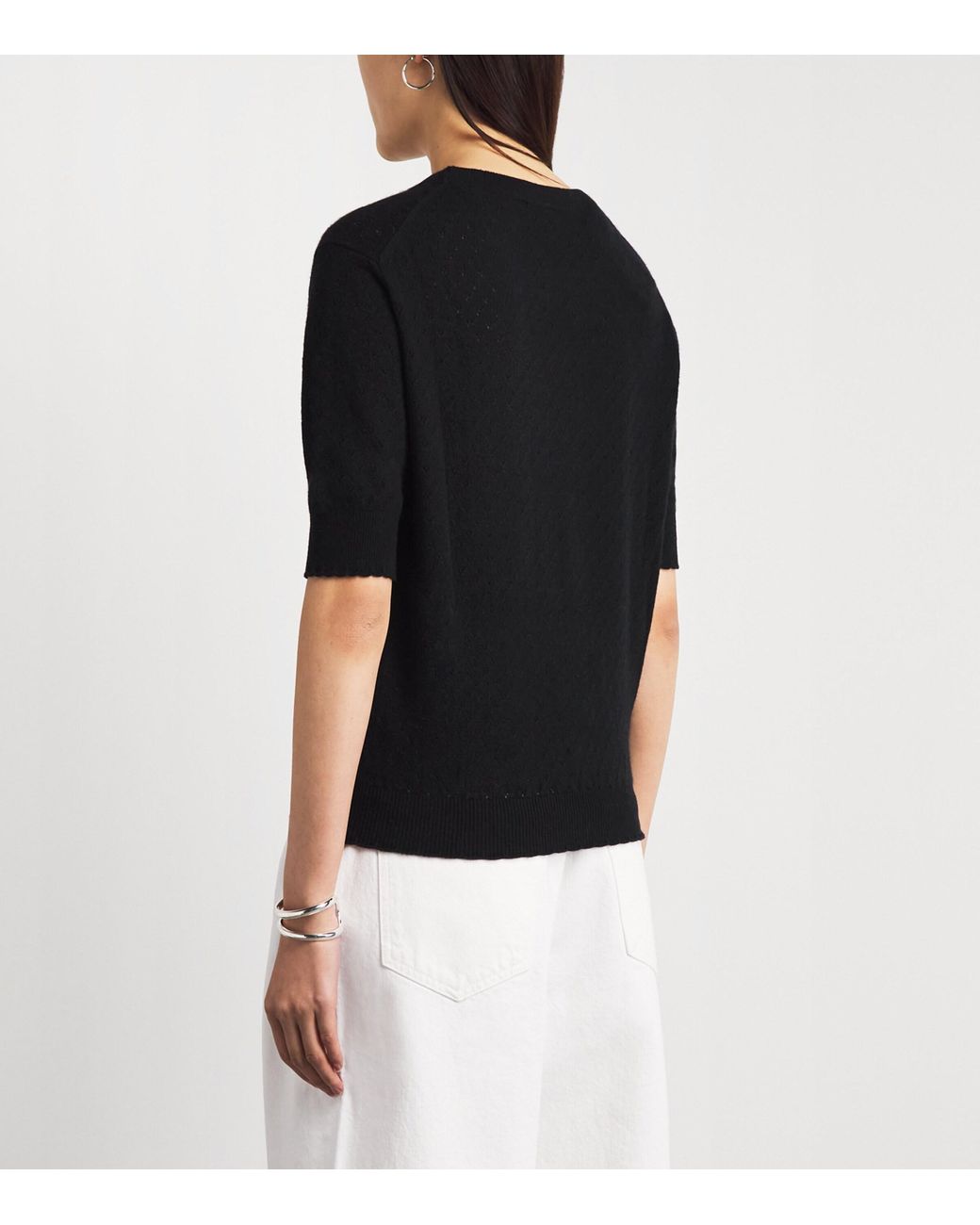7 For All Mankind Black Cashmere Pointelle Short-Sleeve Sweater