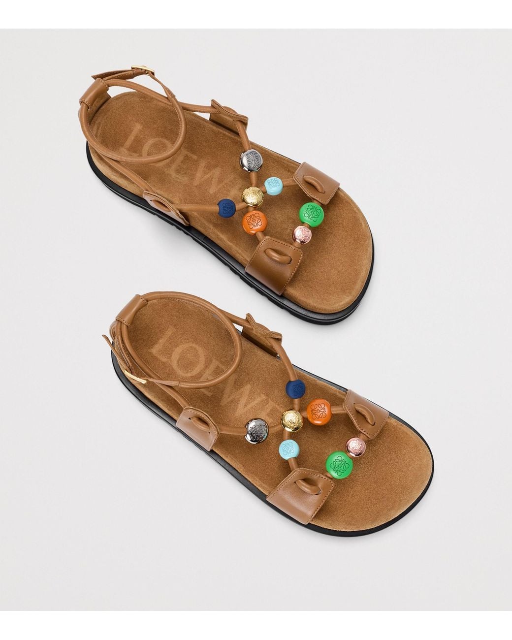 Loewe Brown X Paula's Ibiza Leather Beaded Pebble Sandals