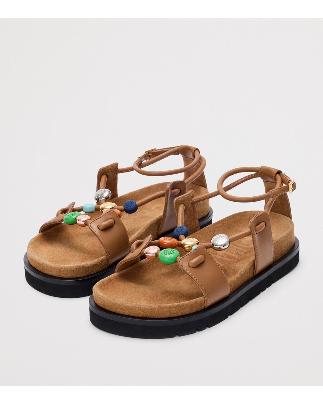 Loewe Brown X Paula's Ibiza Leather Beaded Pebble Sandals