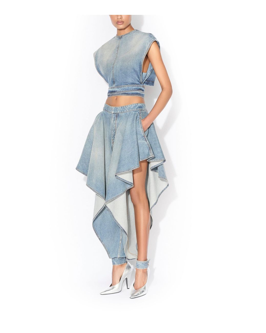 Alaïa Blue Denim Belted Crop Top