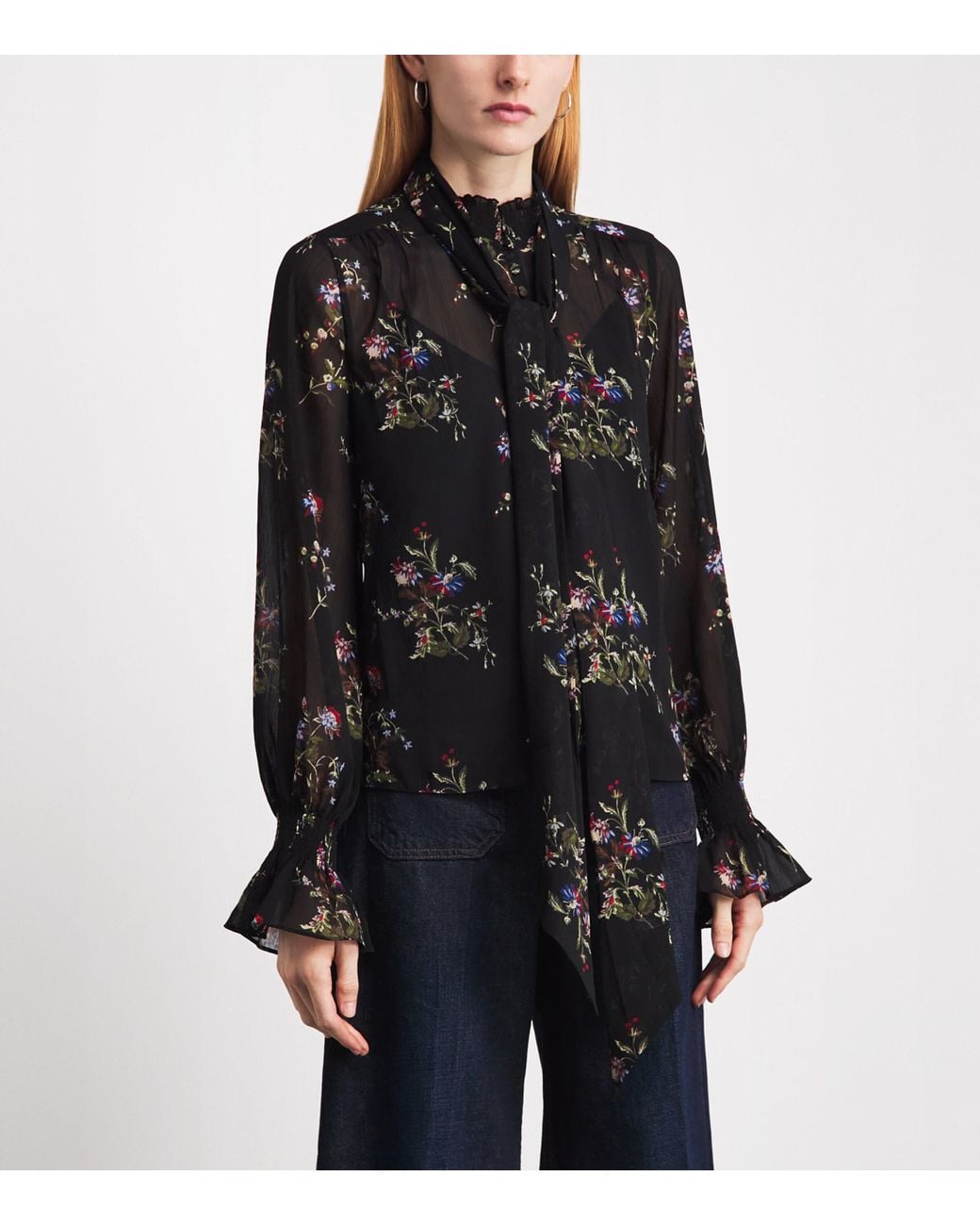 ME+EM Black Georgette Floral Tie-Neck Blouse