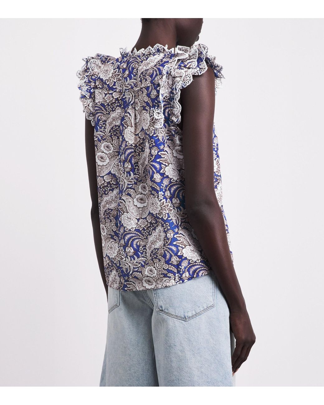 ME+EM Blue Cotton Ruffle Printed Blouse