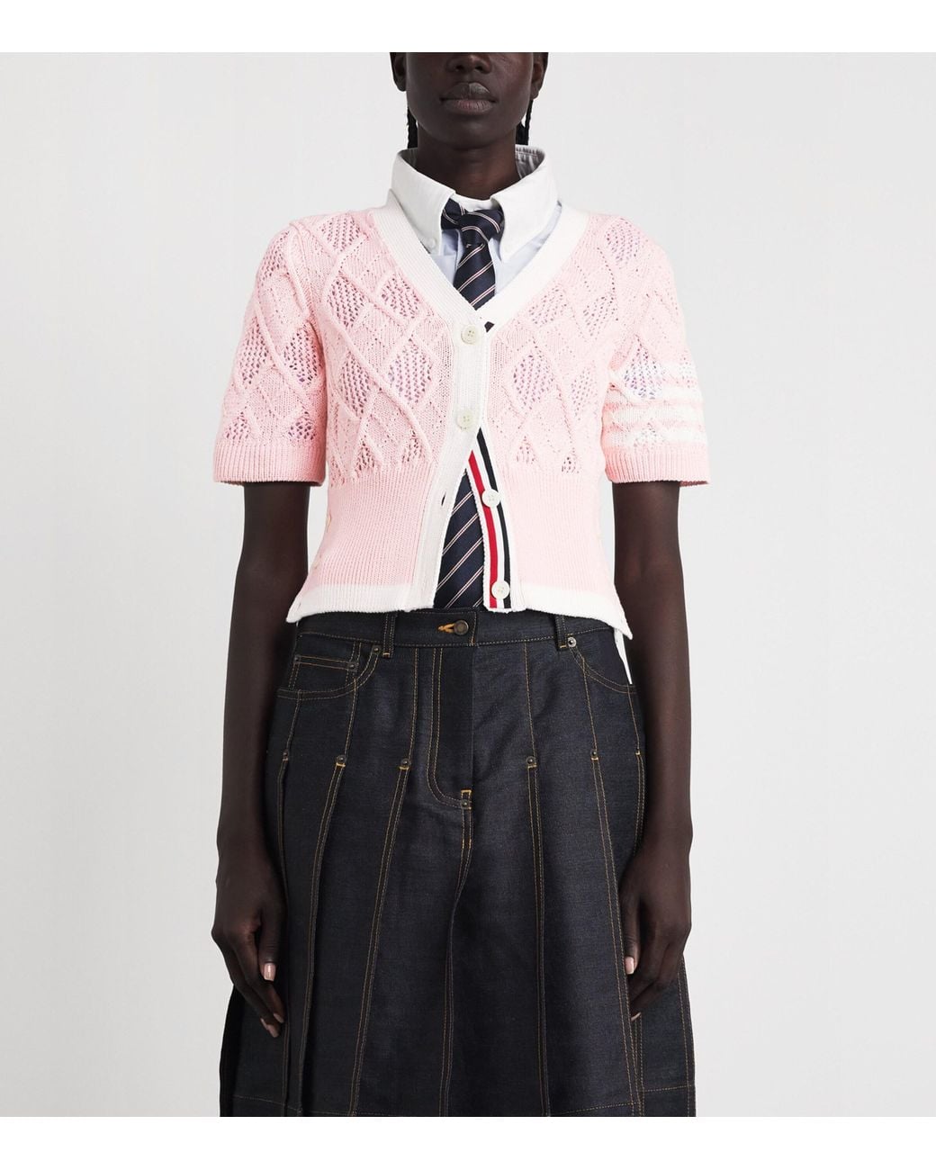 Thom Browne Pink Argyle Pointelle Knit Cardigan