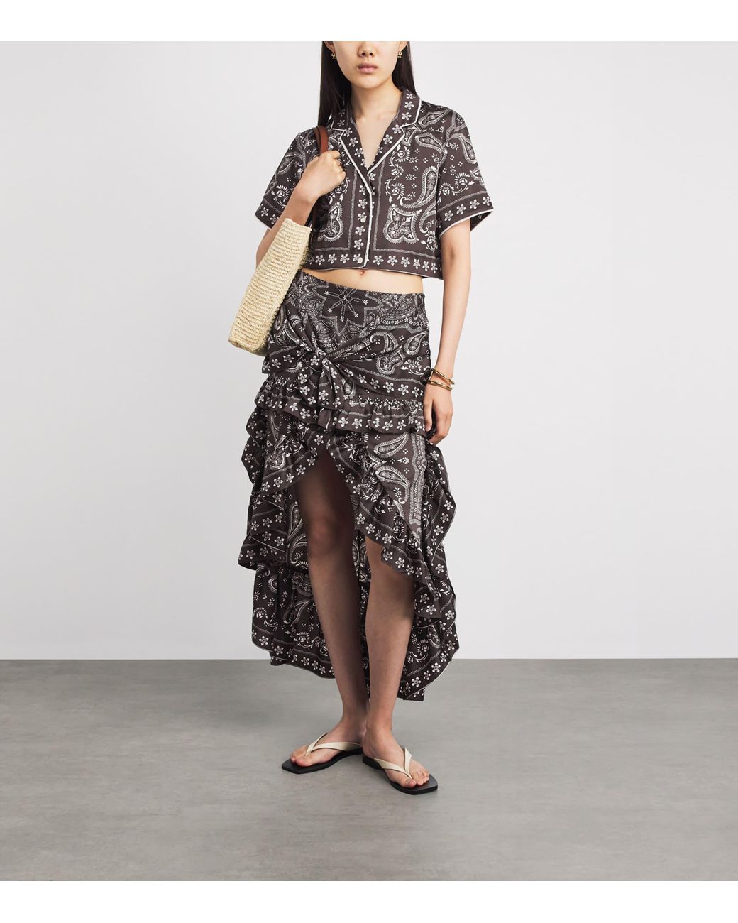Sandro Gray Satin Bandana Asymmetric Midi Shirt