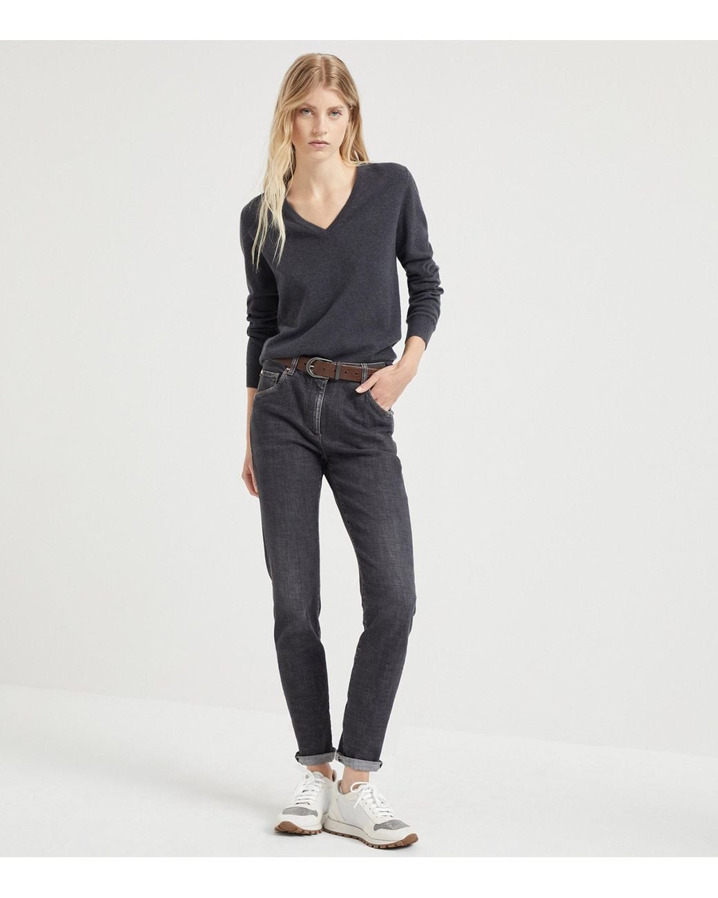 Brunello Cucinelli Black Cashmere Monili-Trim Sweater