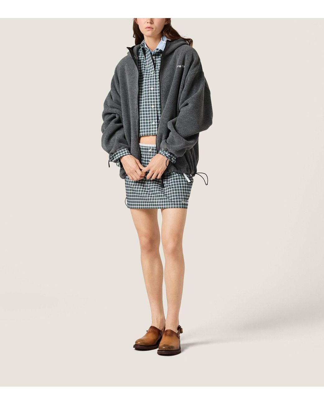 Miu Miu Gray Fleece Zip-Up Hooded Jacket