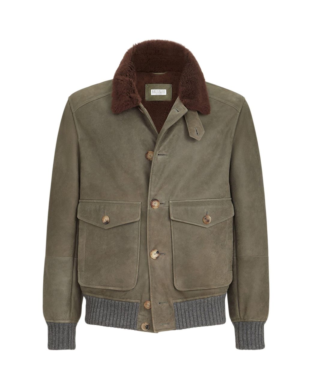 Brunello Cucinelli Green Leather Shearling-Trim Jacket for men
