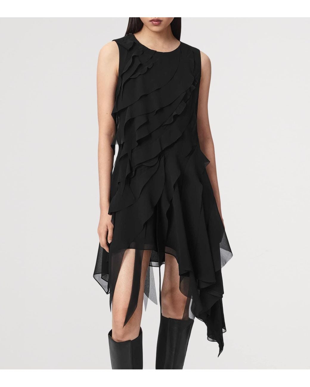 AllSaints Black Ruffled Asymmetric Angie Midi Dress