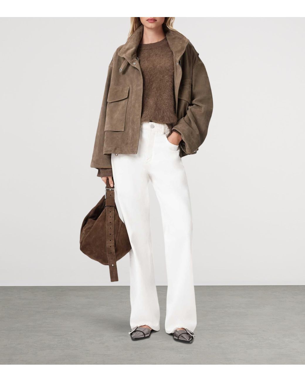 AllSaints Brown Suede Clay Bomber Jacket