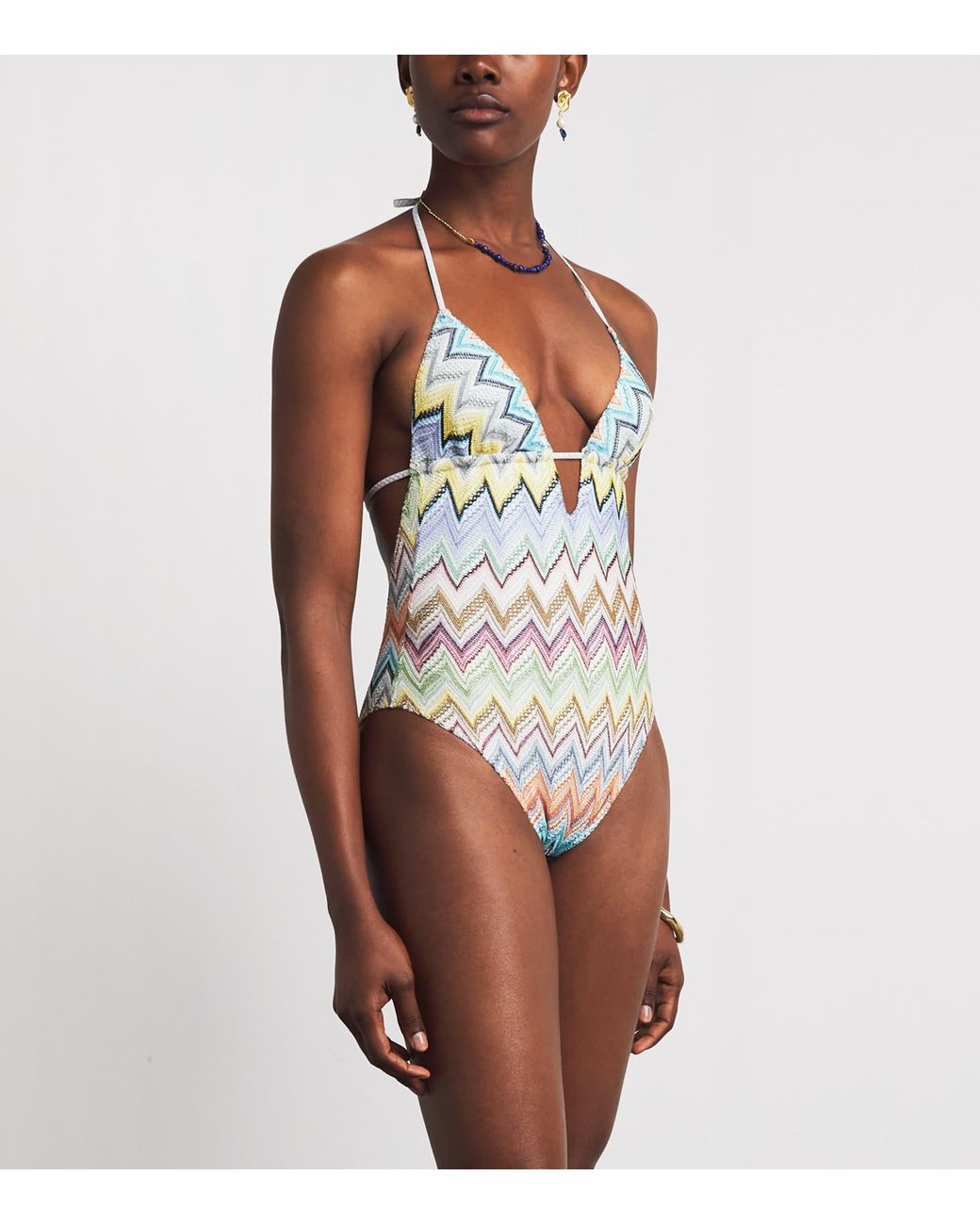 Missoni White Zigzag Plunge Swimsuit