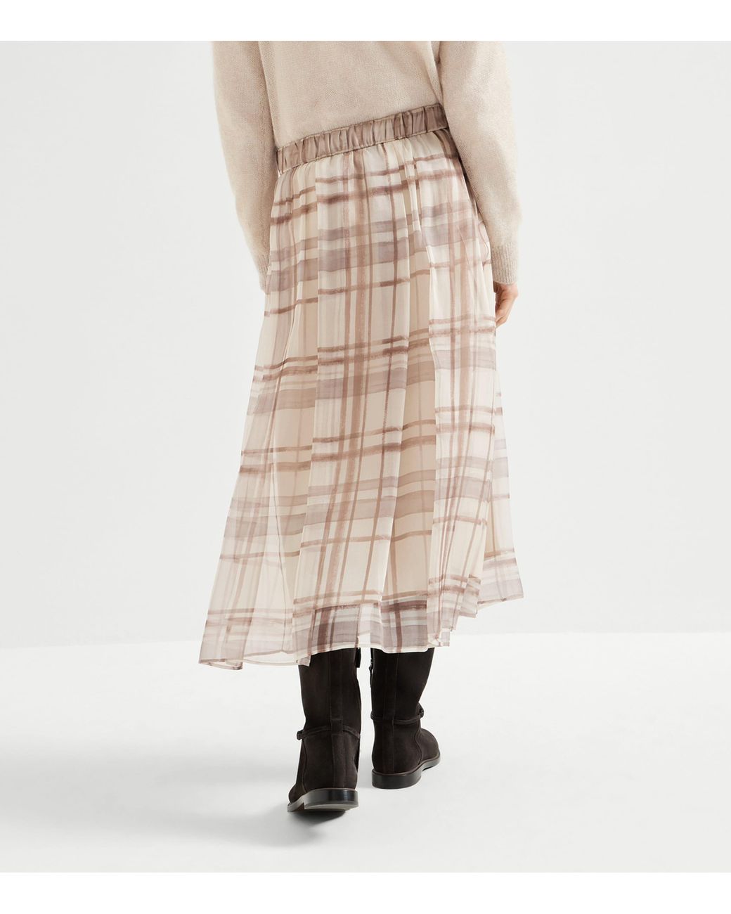 Brunello Cucinelli Natural Silk Check Midi Skirt
