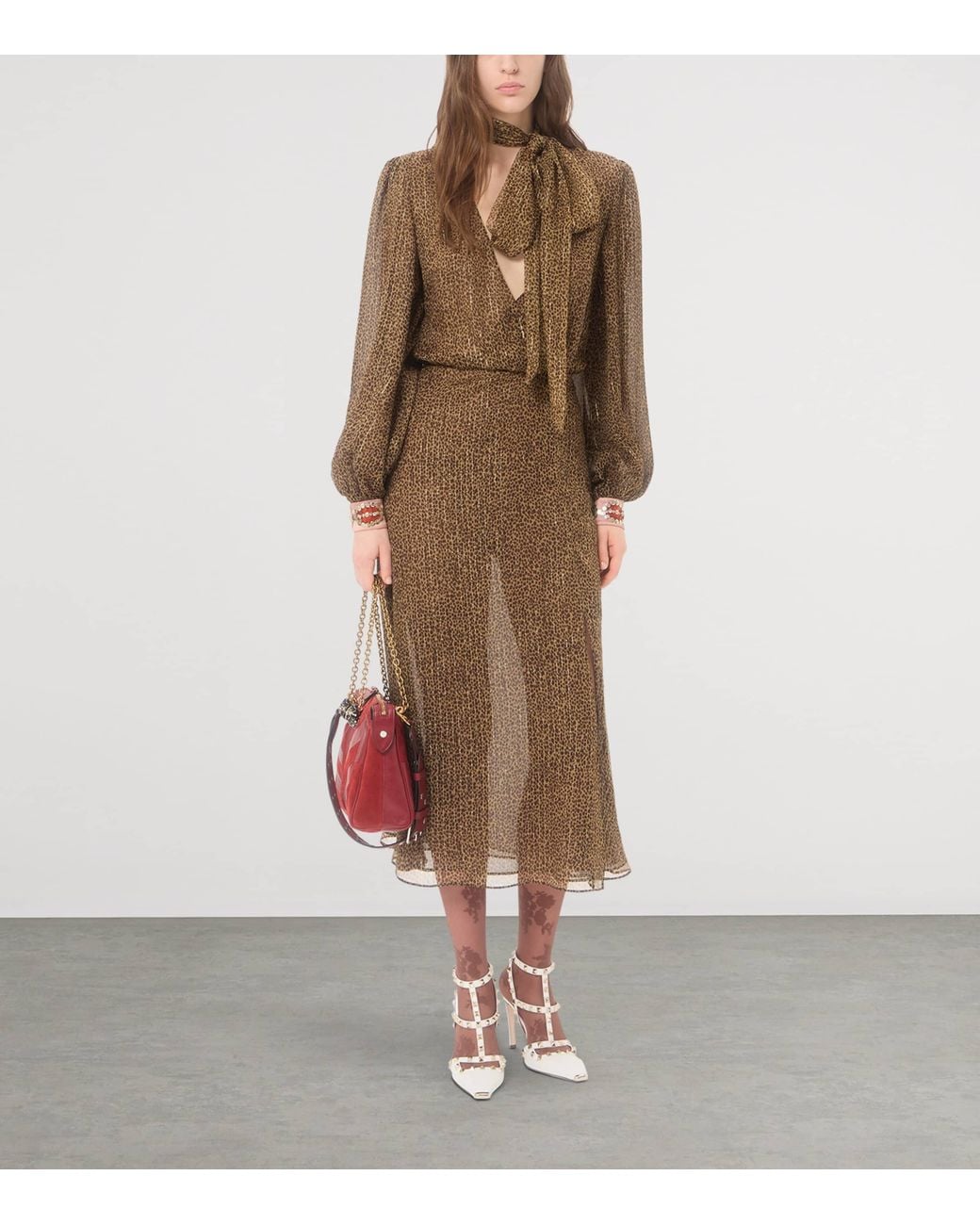 Valentino Brown Silk-Blend Embellished-Cuff Midi Dress