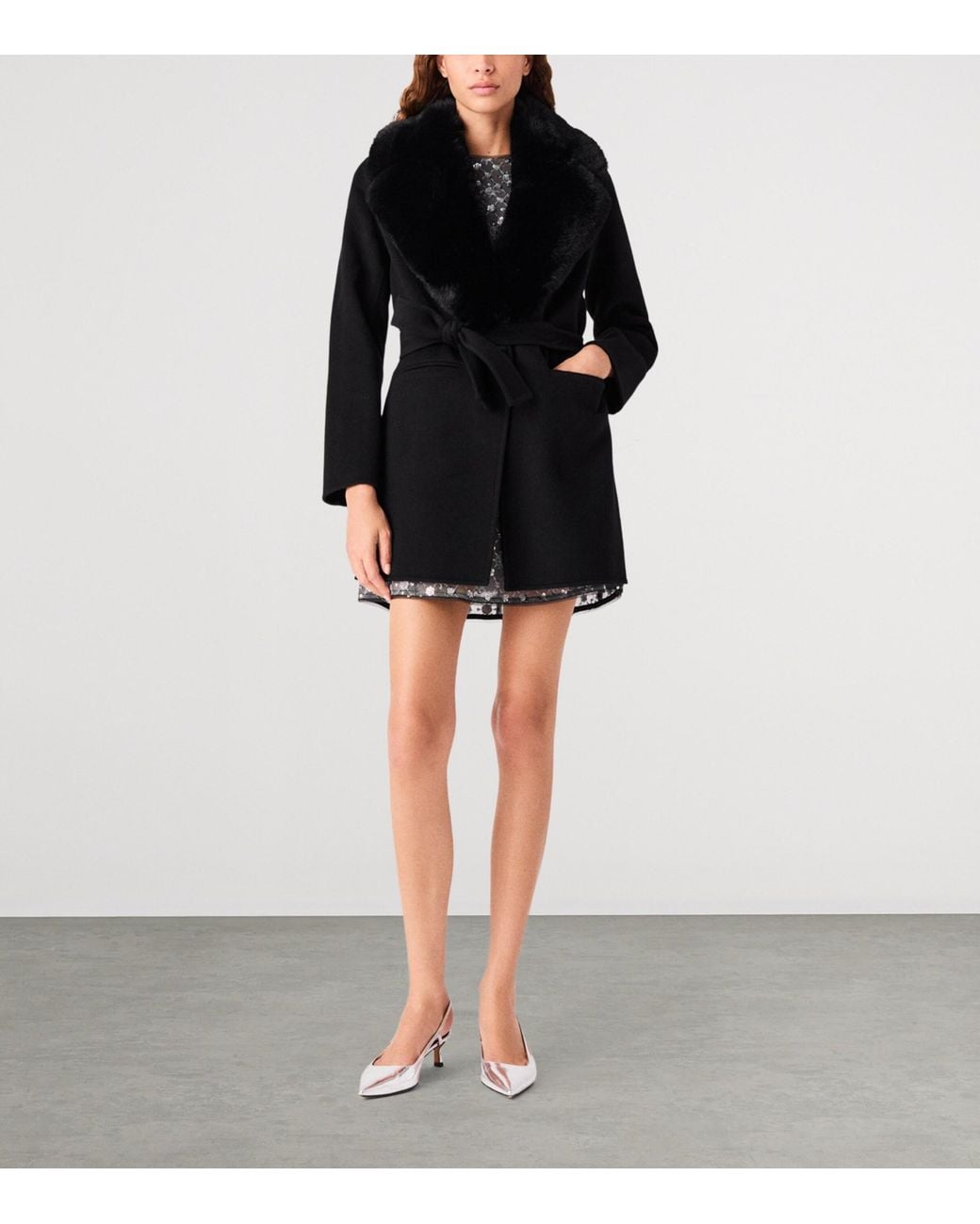 Maje Black Wool-Blend Wrap Coat