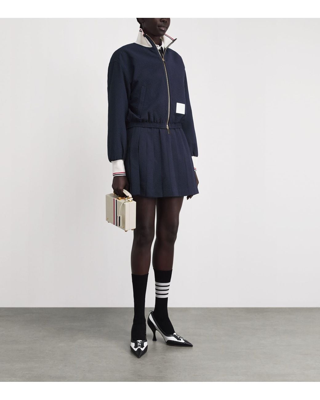 Thom Browne Blue Wool Seersucker Pleated Mini Skirt