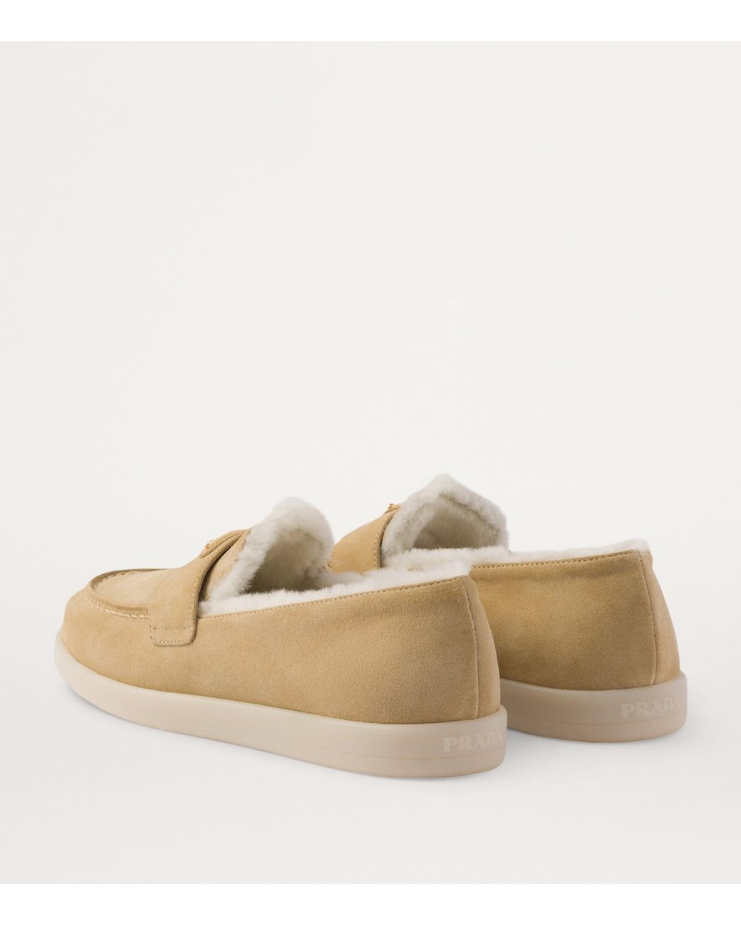 Prada Natural Suede-Shearling Triangle Loafers