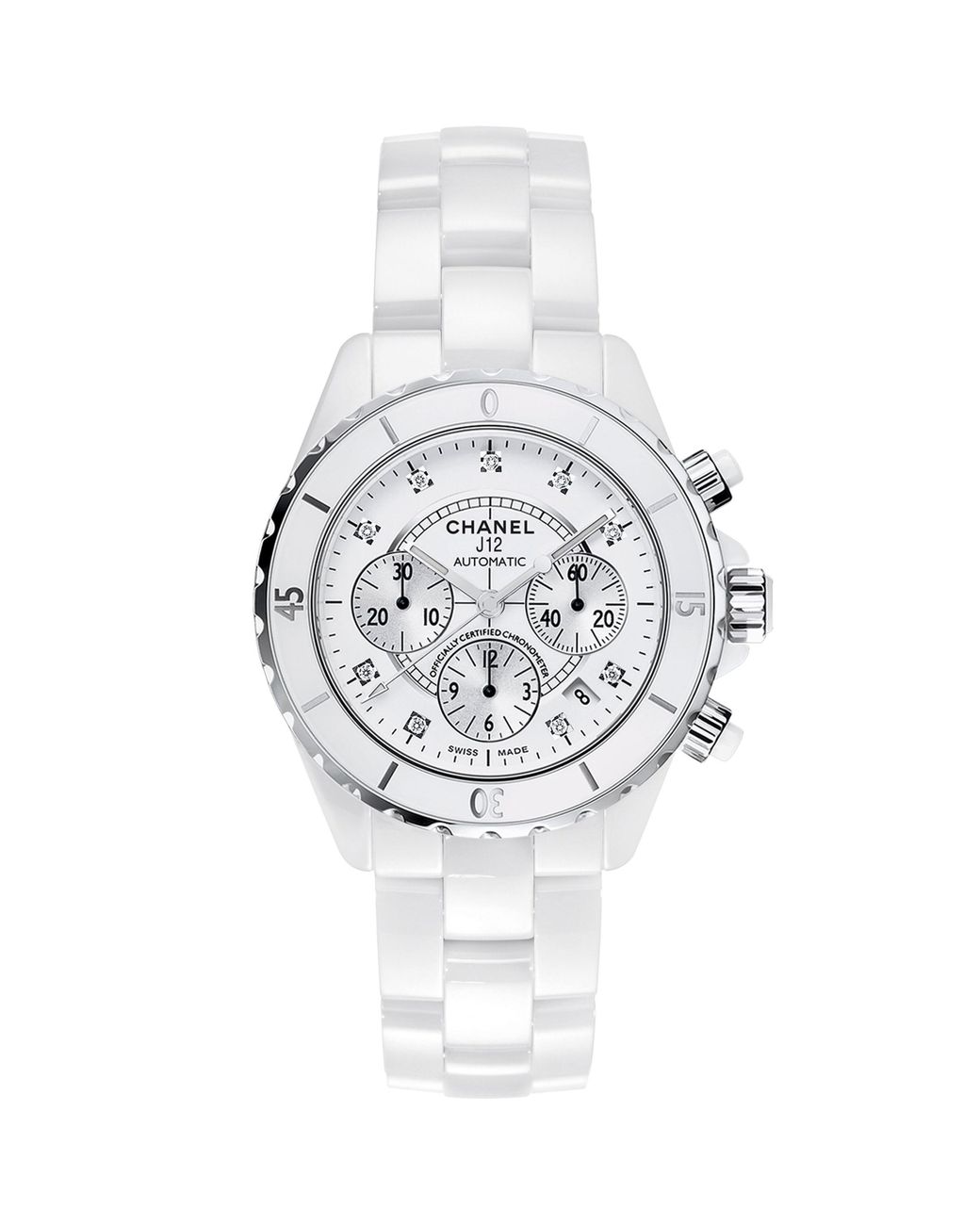 Chanel White Ceramic, Steel And Diamond J12 Chronograph Watch