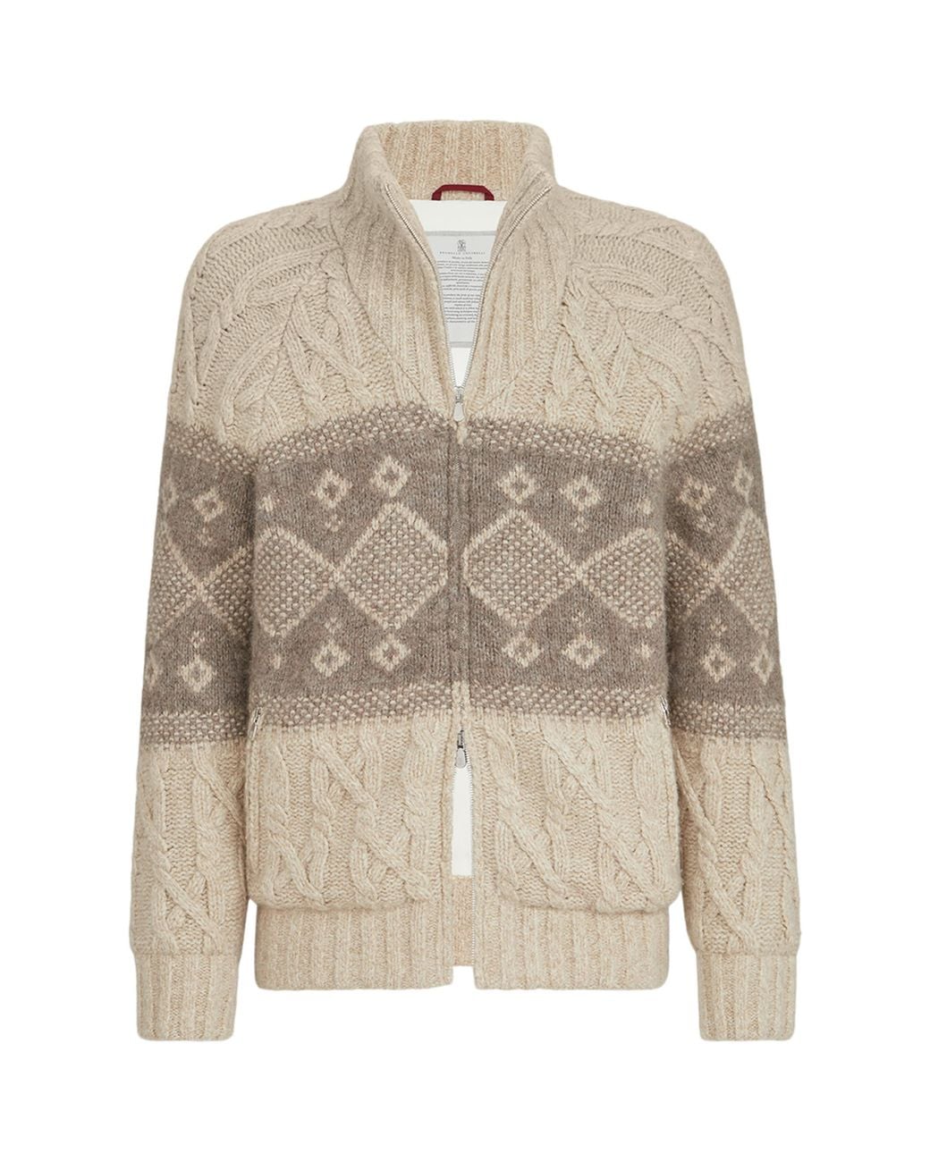 Brunello Cucinelli Natural Virgin Wool-Silk-Cashmere Cable-Knit Down Jacket for men
