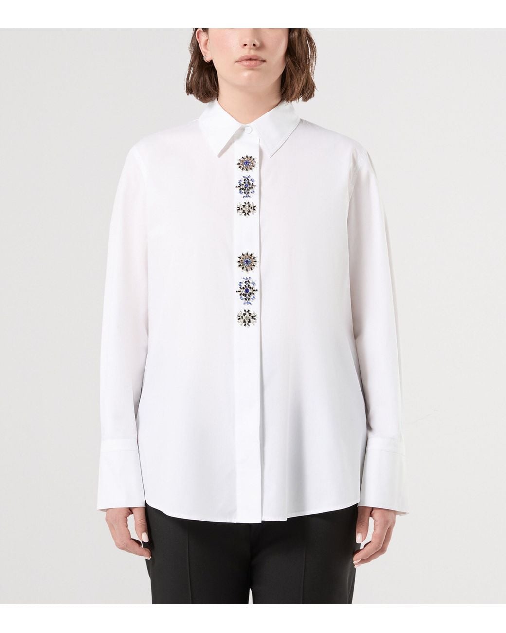 Marina Rinaldi White Cotton Embellished-Placket Shirt