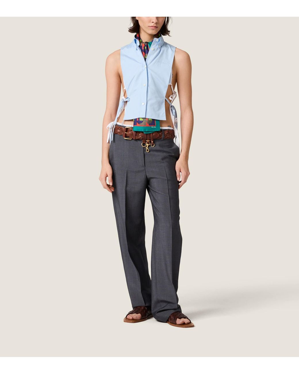 Miu Miu Blue Cotton Poplin Side-Tie Blouse