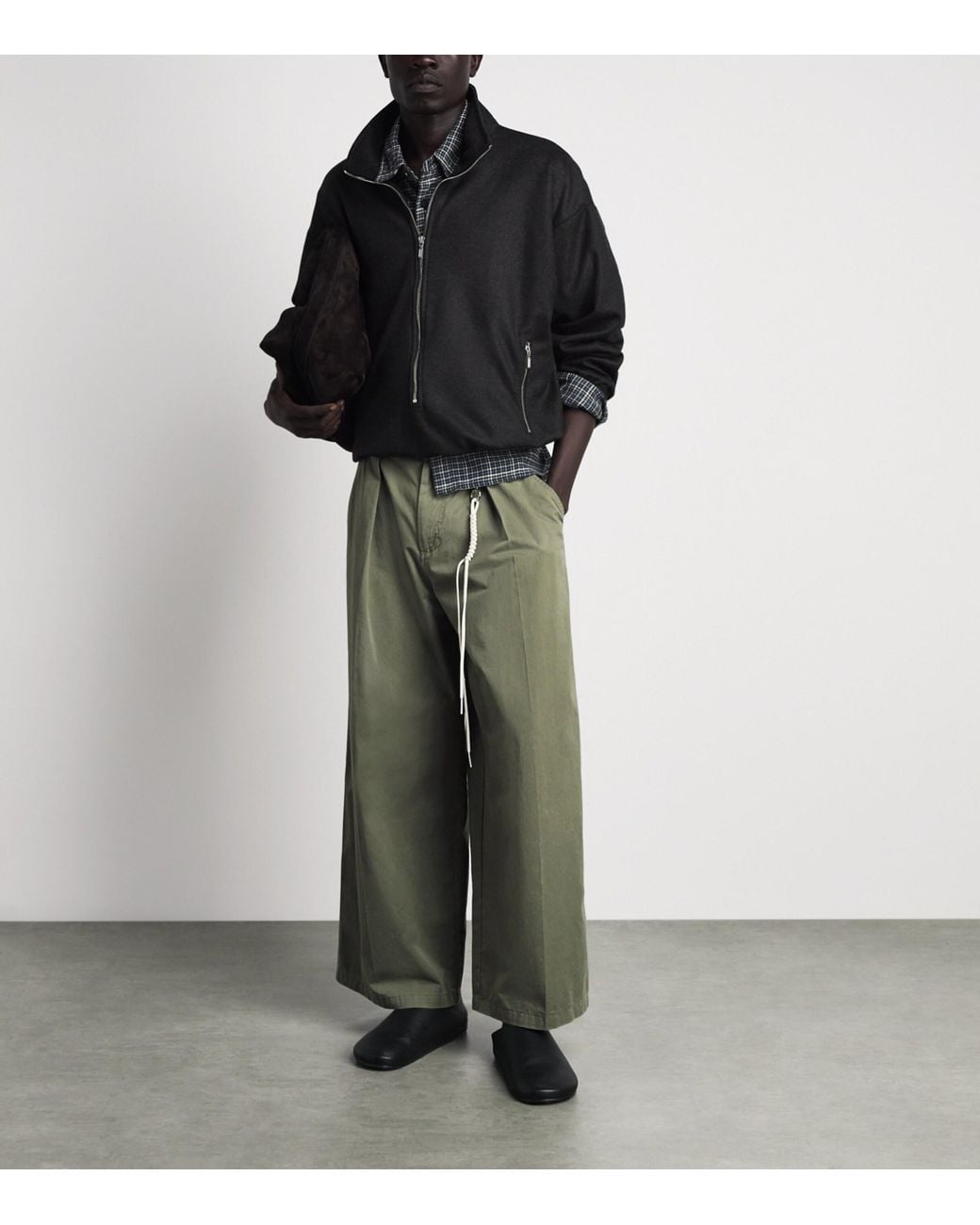 Song For The Mute Green Cotton Pleated Wide-Leg Trousers for men
