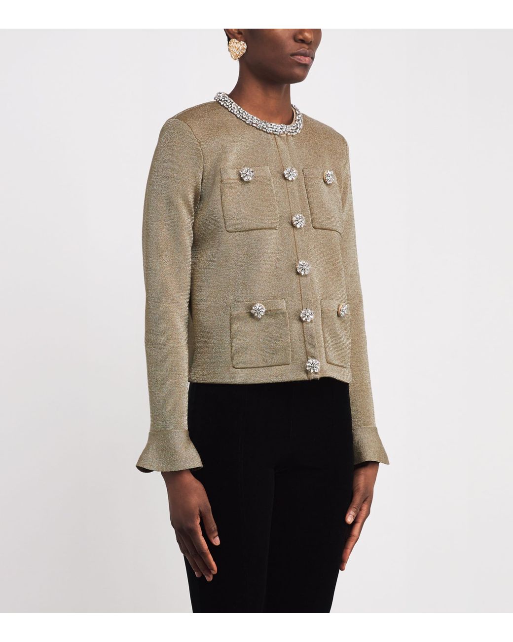 Self-Portrait Green Metallic Knitted Embellished Cardigan