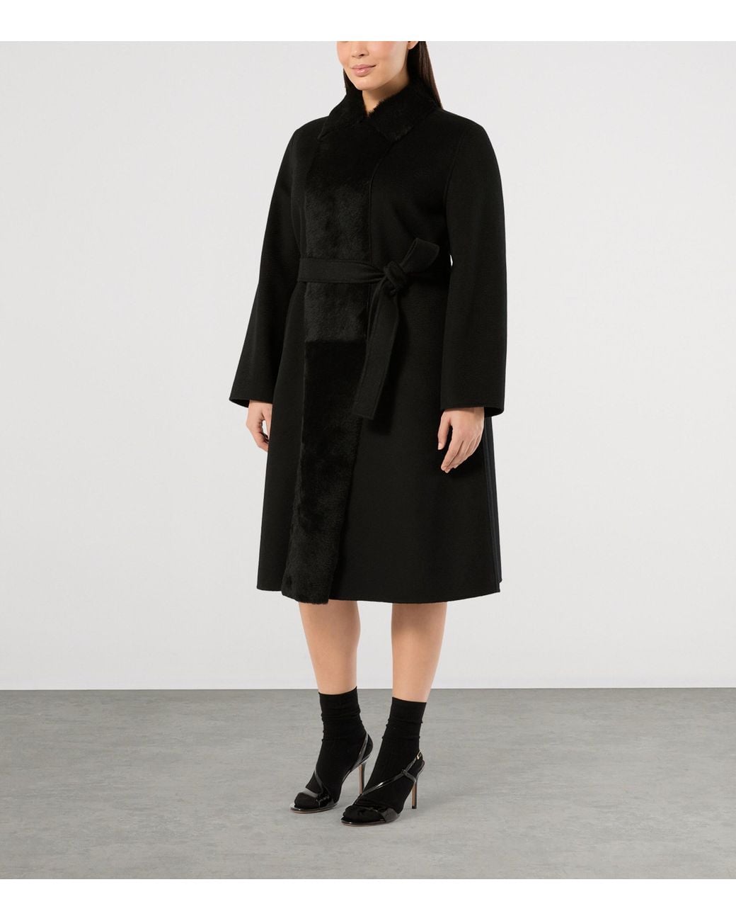 Marina Rinaldi Black Wool Lamb-Fur Wrap Coat