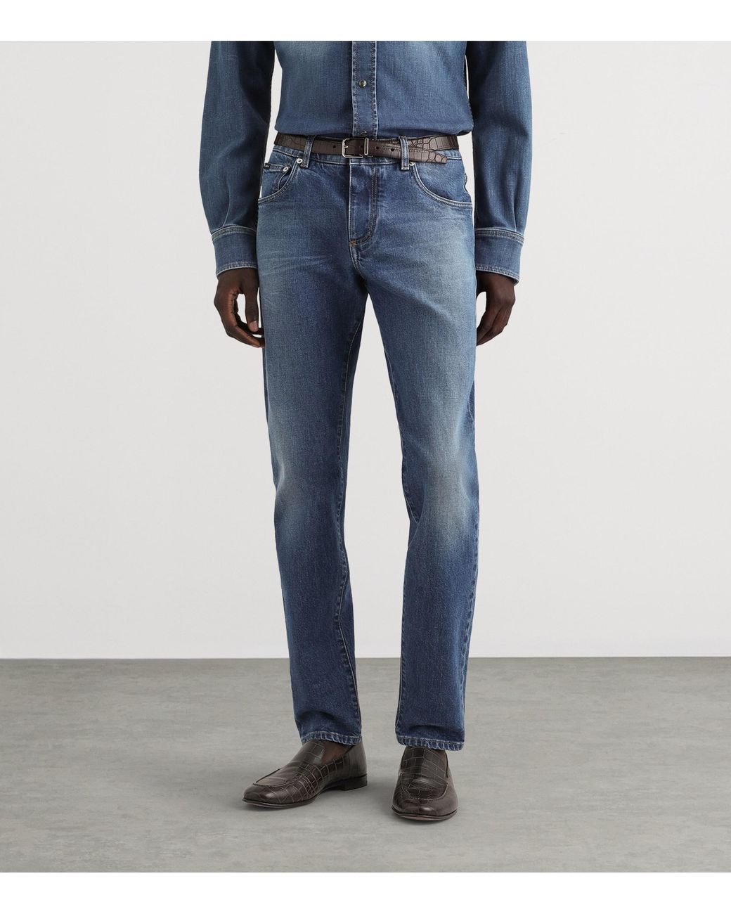 Dolce & Gabbana Blue Slim-Fit Leather Patch Jeans for men