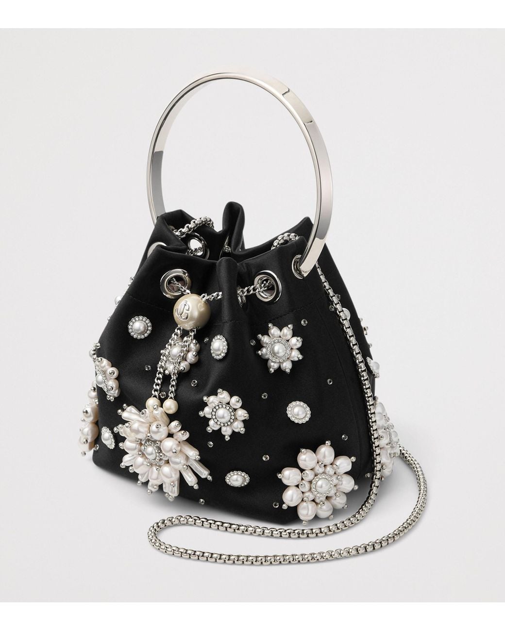 Jimmy Choo Black Satin Bon Bon Pearl Top-Handle Bag