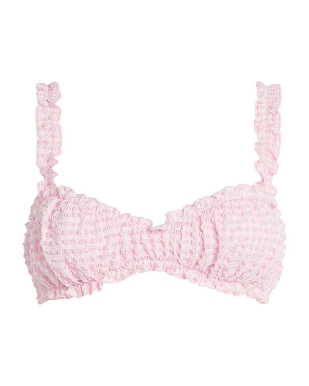 Jonathan Simkhai Pink Gingham Ruffled Bikini Top