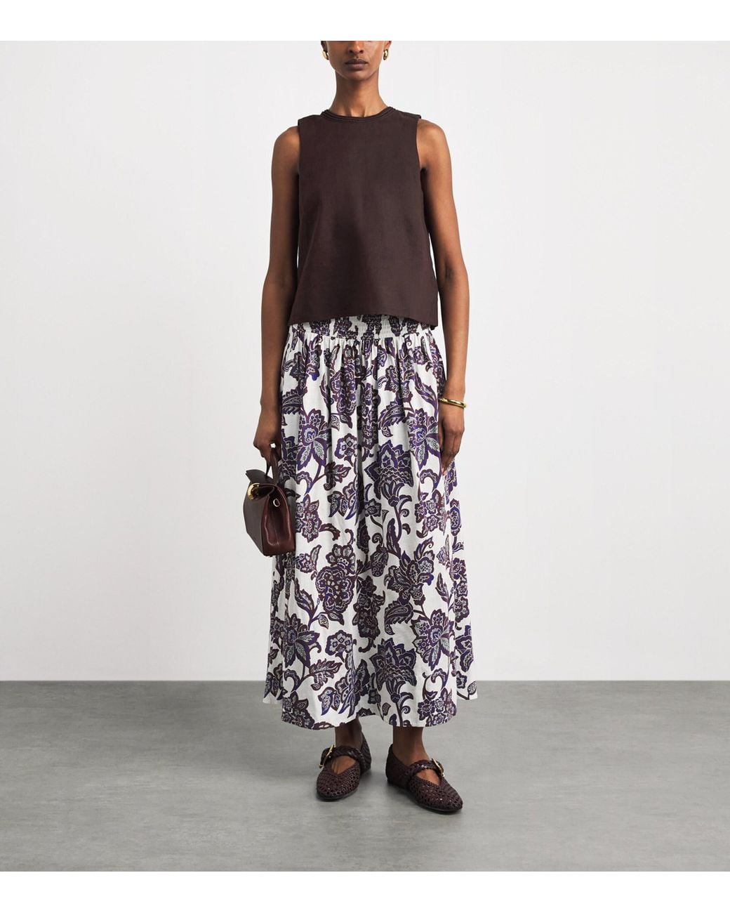 ME+EM Brown Linen-Blend Creaseless Crochet-Trim Top