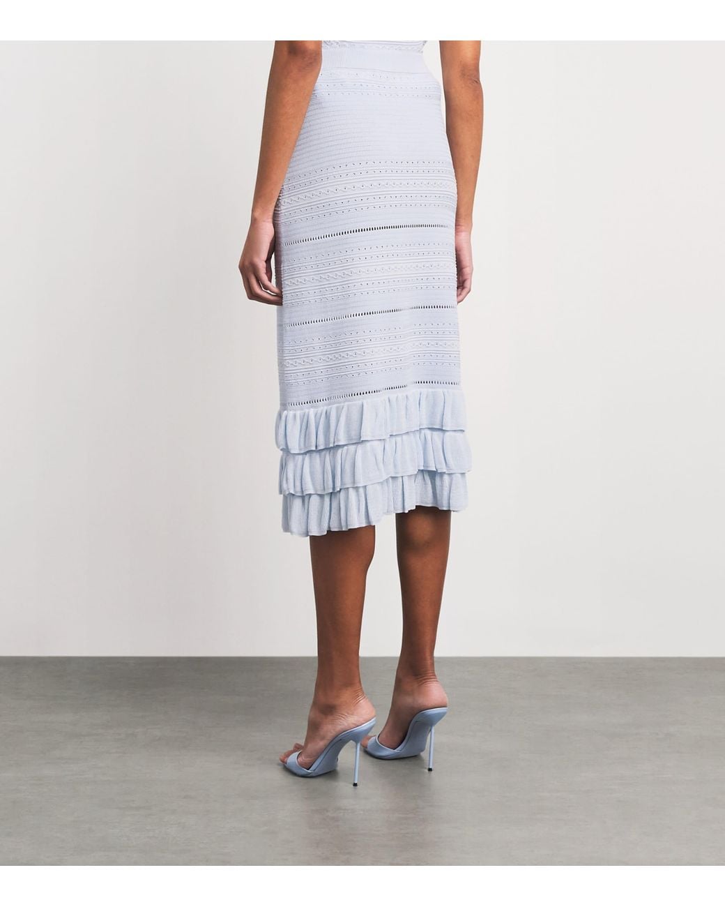 Maje White Ruffled Pointelle-Knit Midi Skirt