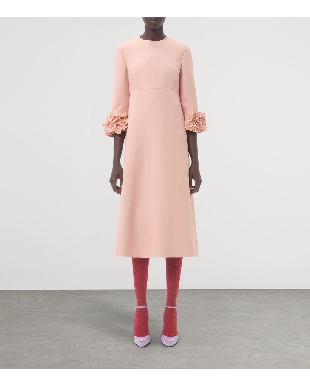 Valentino Pink Wool-Silk Floral-Sleeve Midi Dress