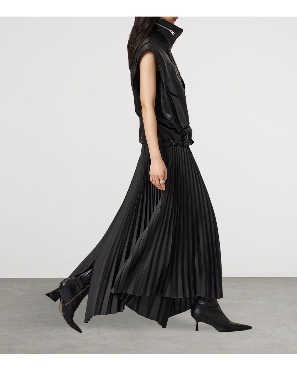 AllSaints Black Pleated Jax Maxi Skirt