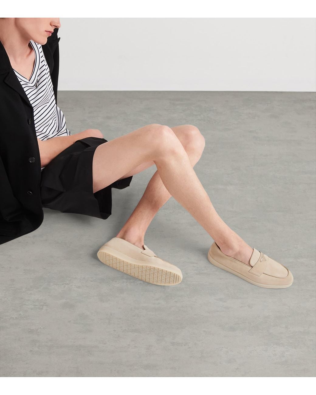 Prada Natural Suede Triangle Loafers for men