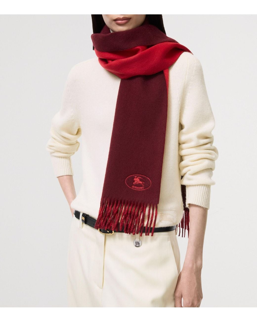 Burberry Red Cashmere Ekd Stamp Scarf