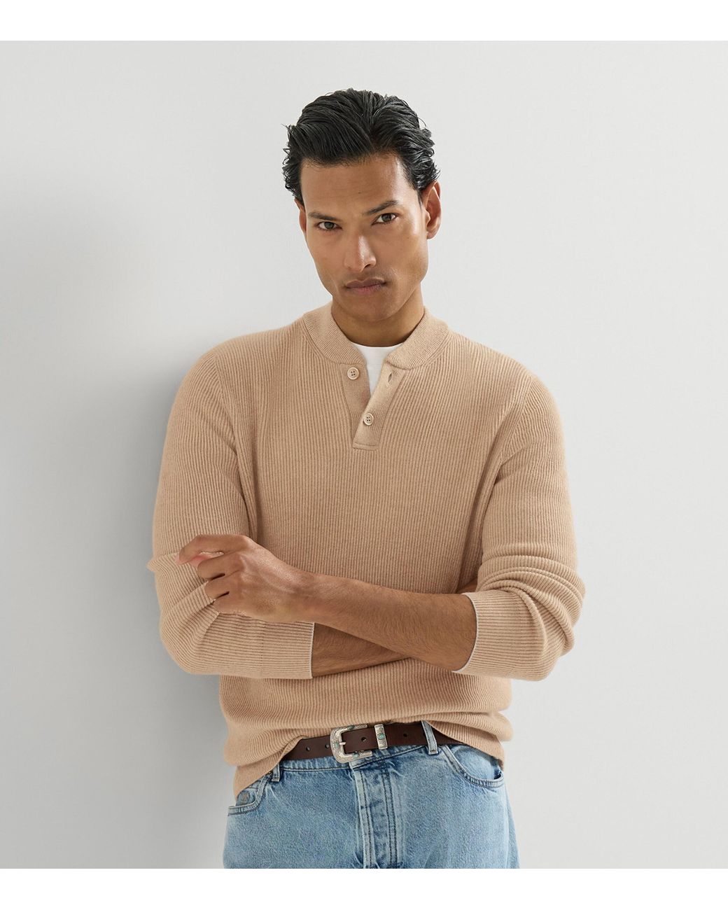 Brunello Cucinelli Brown Cashmere Button-Up Sweater for men