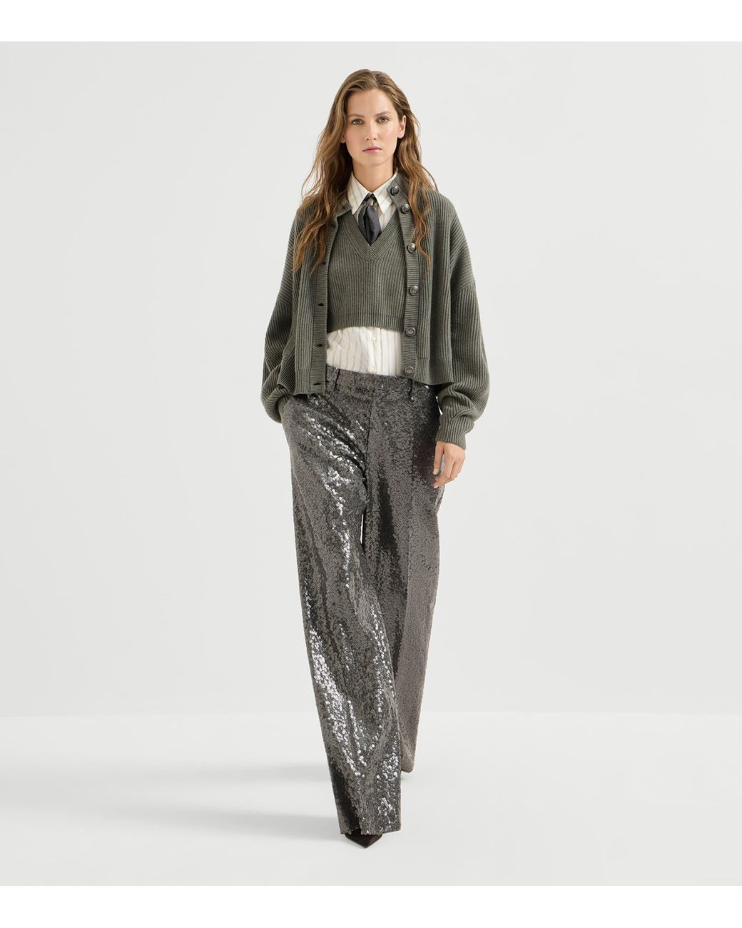 Brunello Cucinelli Gray Virgin Wool Sequin Wide-Leg Trousers