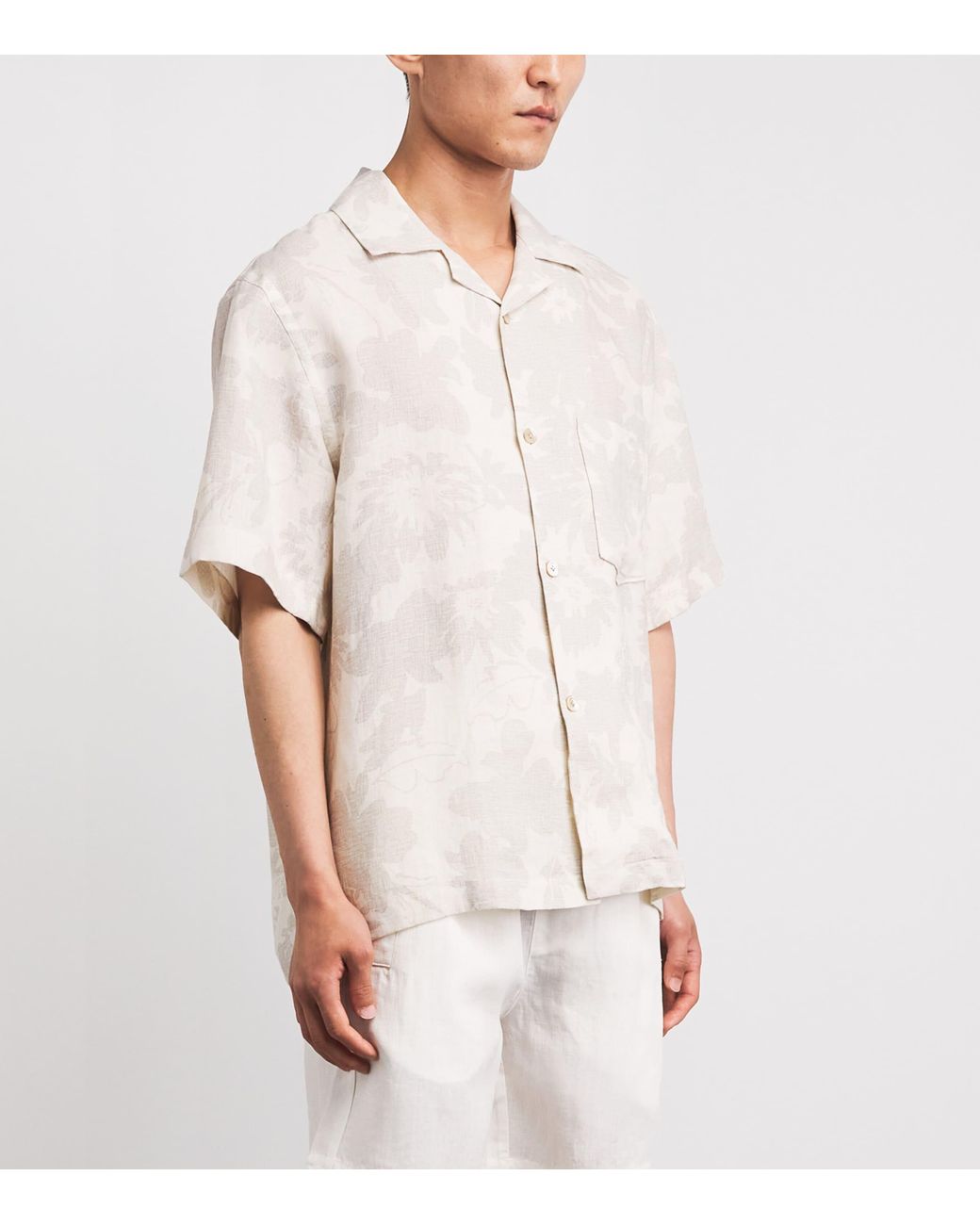 Eleventy White Linen Printed Bowling Overshirt for men