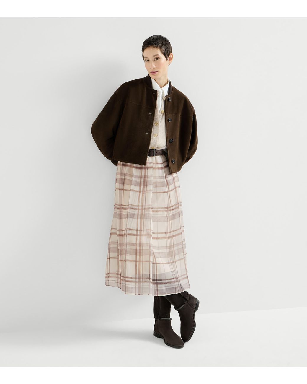 Brunello Cucinelli Natural Silk Check Midi Skirt