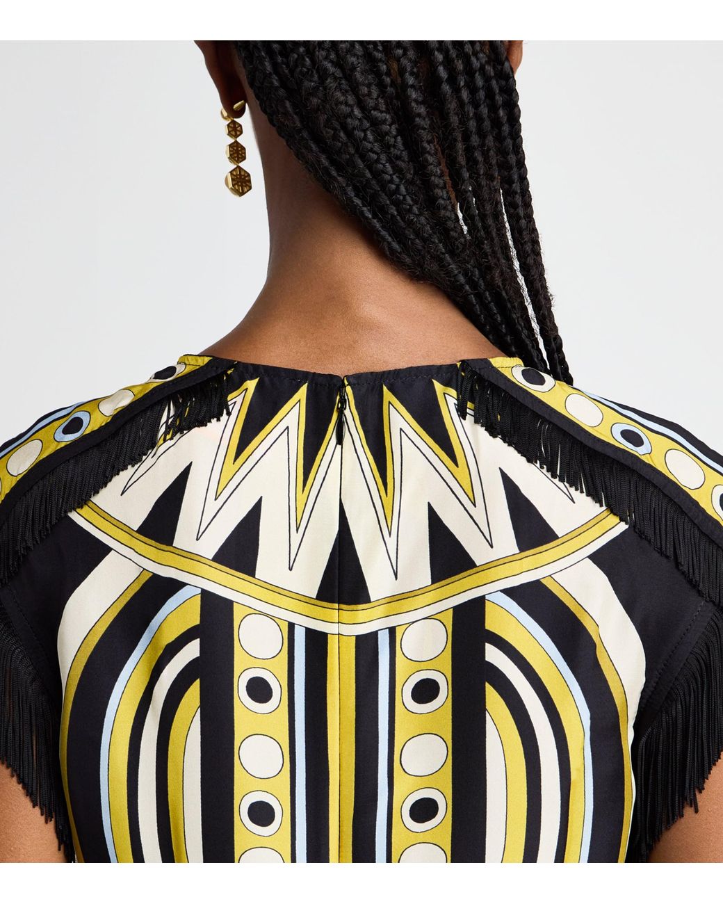 LaDoubleJ Metallic Silk Fringe-Trim Printed Midi Dress