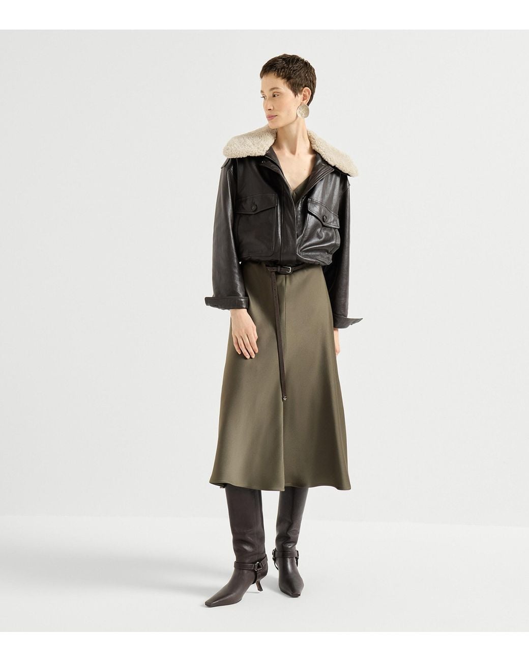 Brunello Cucinelli Green Satin Cady Flared Midi Dress