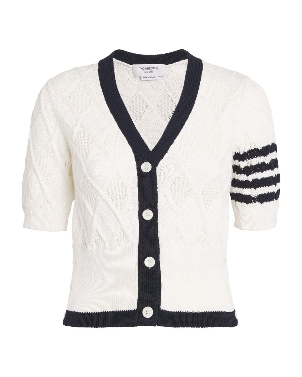 Thom Browne White Argyle Pointelle Knit Cardigan