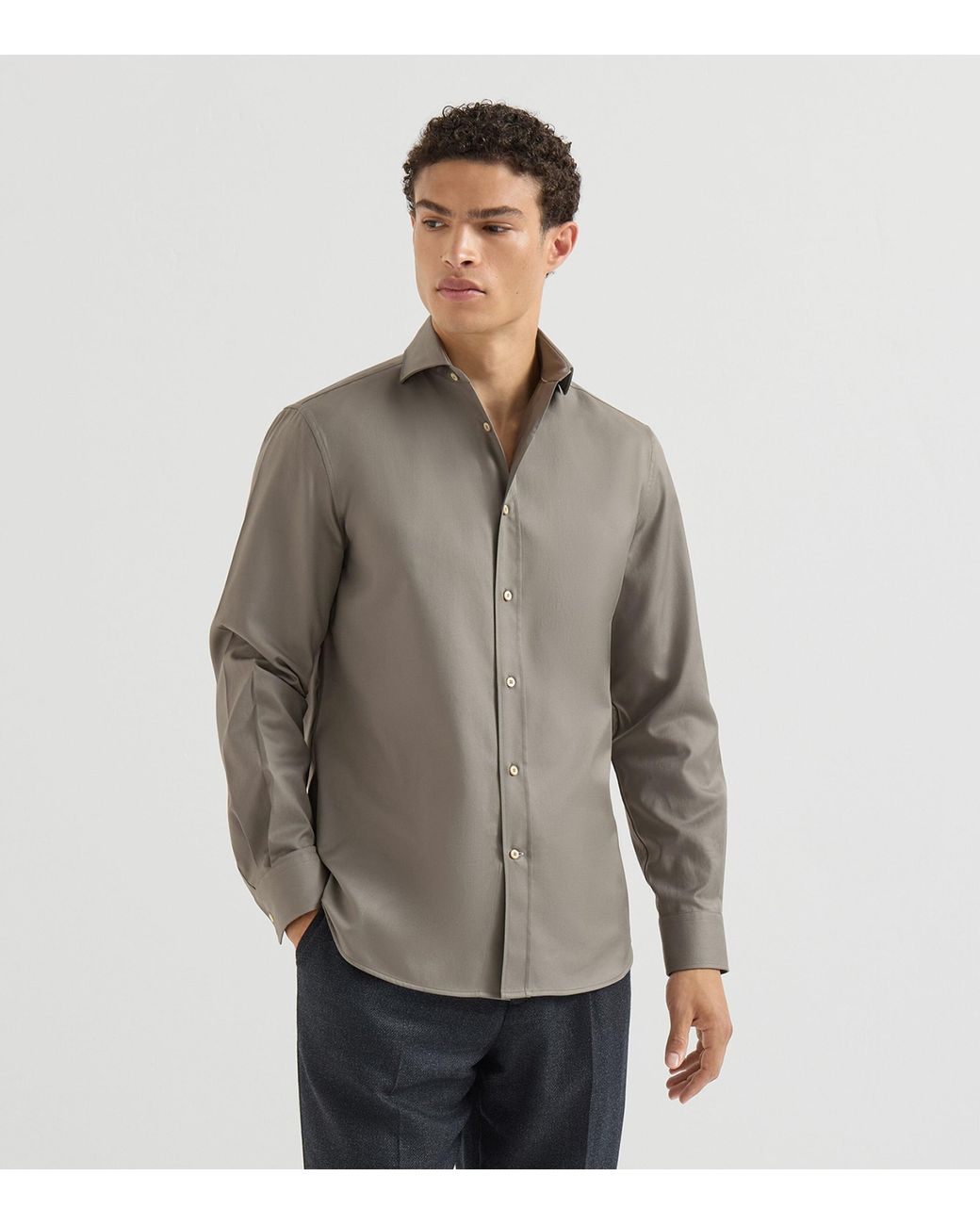 Brunello Cucinelli Gray Cotton Twill Garment-Dyed Shirt for men