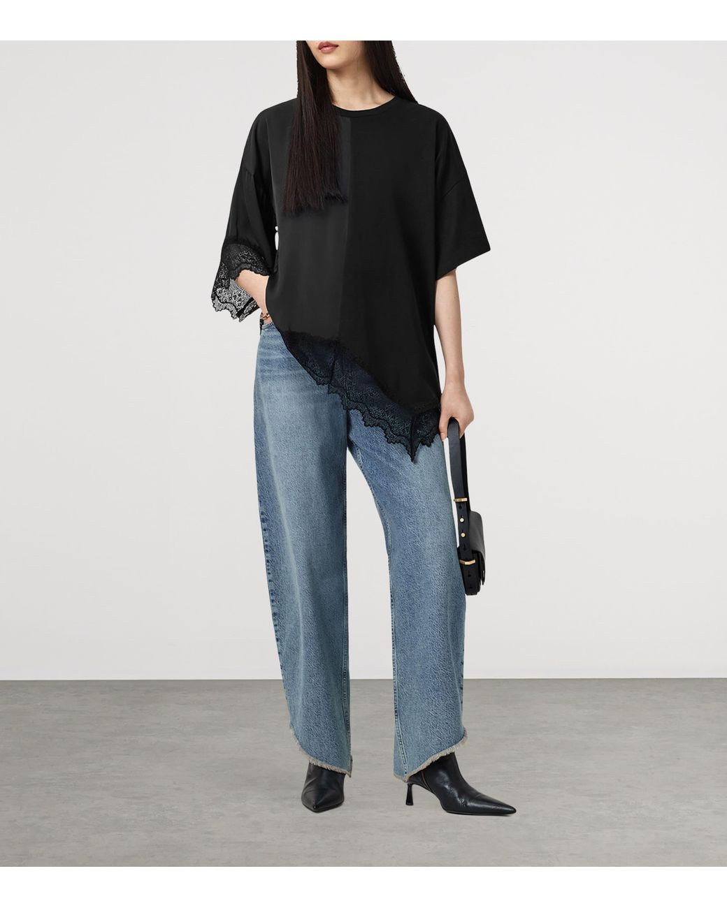 AllSaints Black Cotton Lace-Trim Lenny T-Shirt