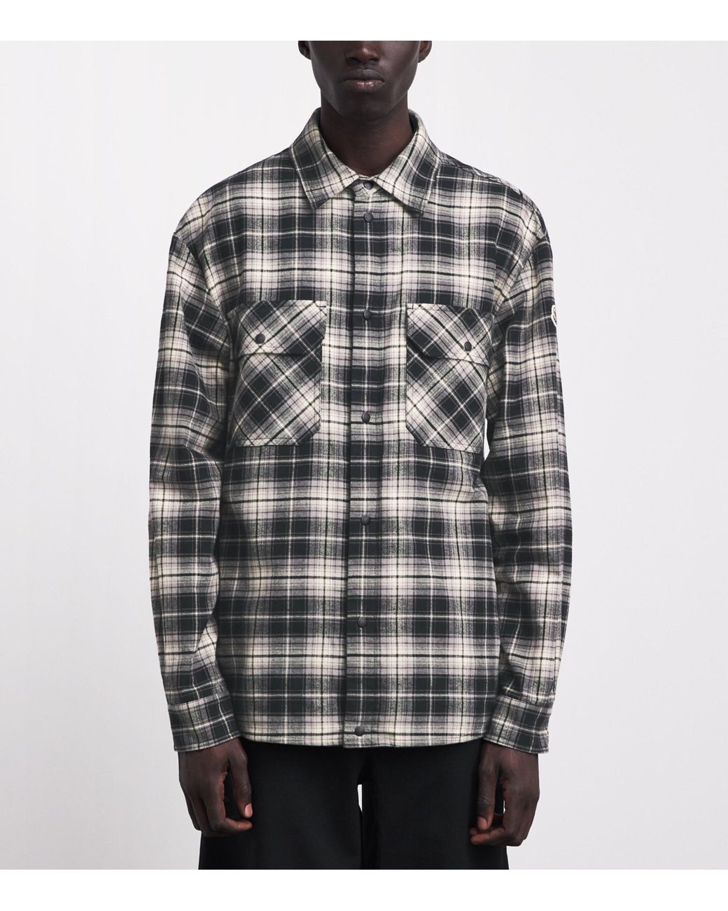 Moncler Gray Cotton Check Zip-Up Shirt for men