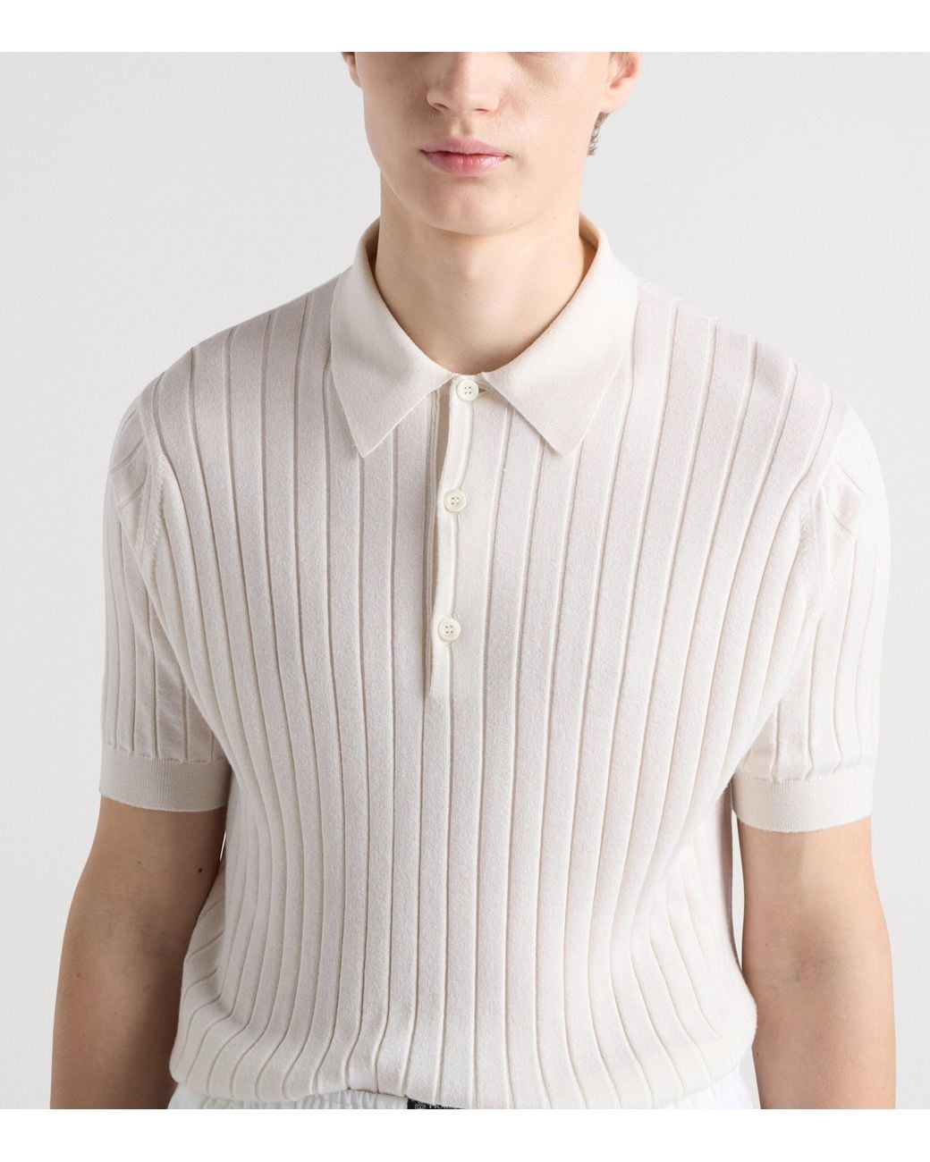Prada White Cashmere-Silk Ribbed Polo Shirt for men